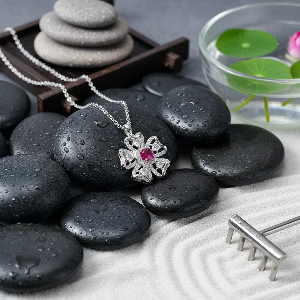 Red Square Pendant Necklace – Sterling Silver, Synthetic Ruby, Minimalist Classic - Eterna