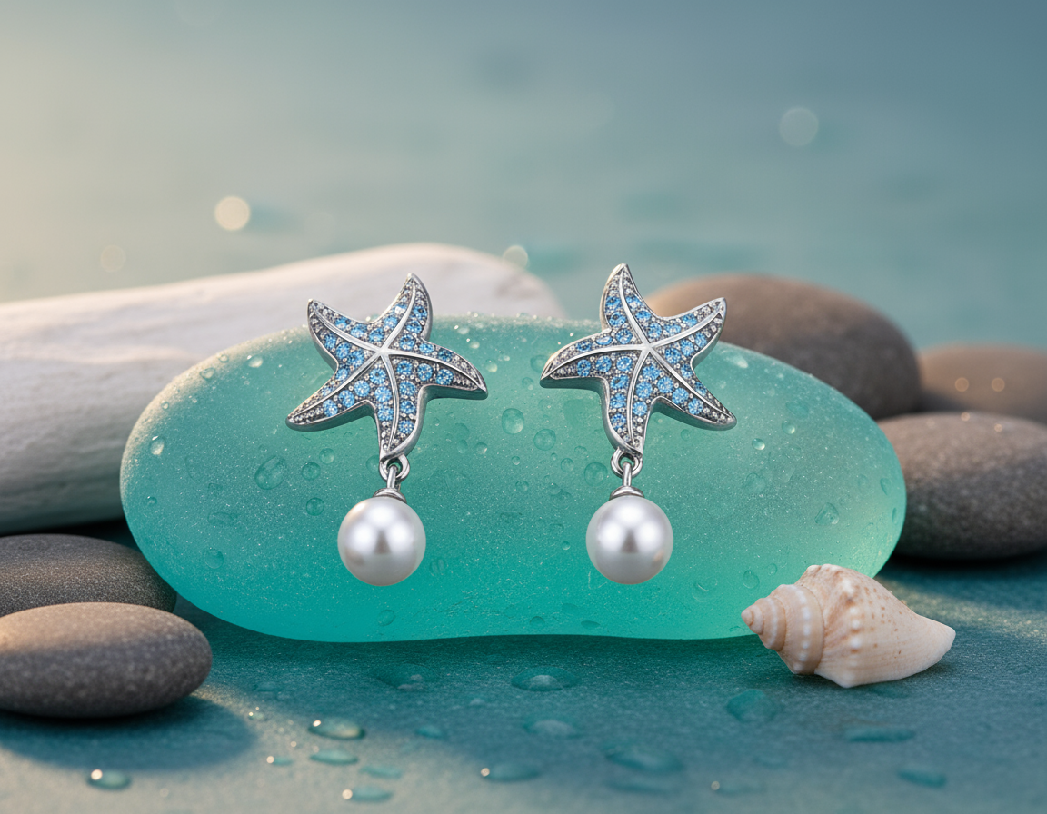 Ocean Starfish Pearl Earrings – 925 Sterling Silver, Platinum-Plated, Blue Zircon & Pearl Accents - Eterna